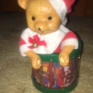 Vintage Musical Teddy Bear in Drum - Plays Jingle Bells